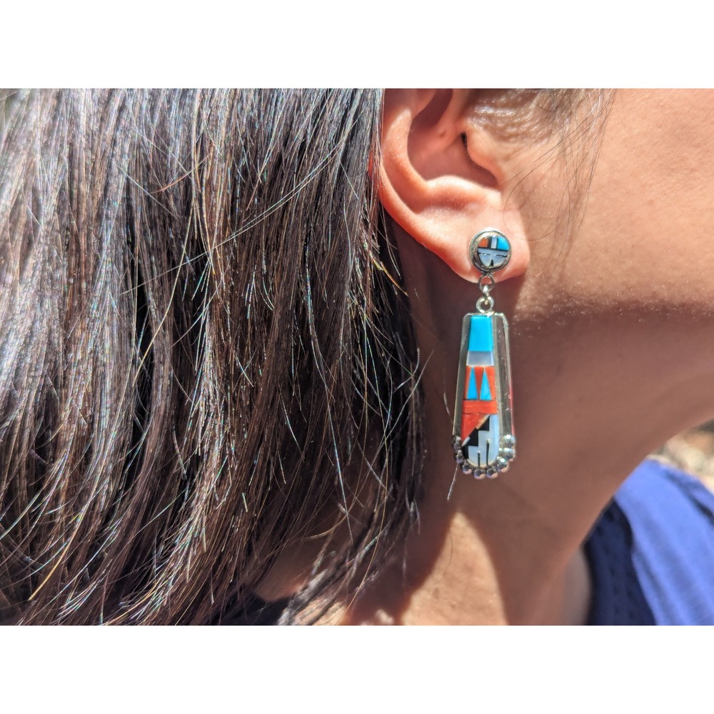 Zuni Multi Stone Inlay Turquoise Drop Earrings Native American Sterling Jewelry* - Picture 11 of 12
